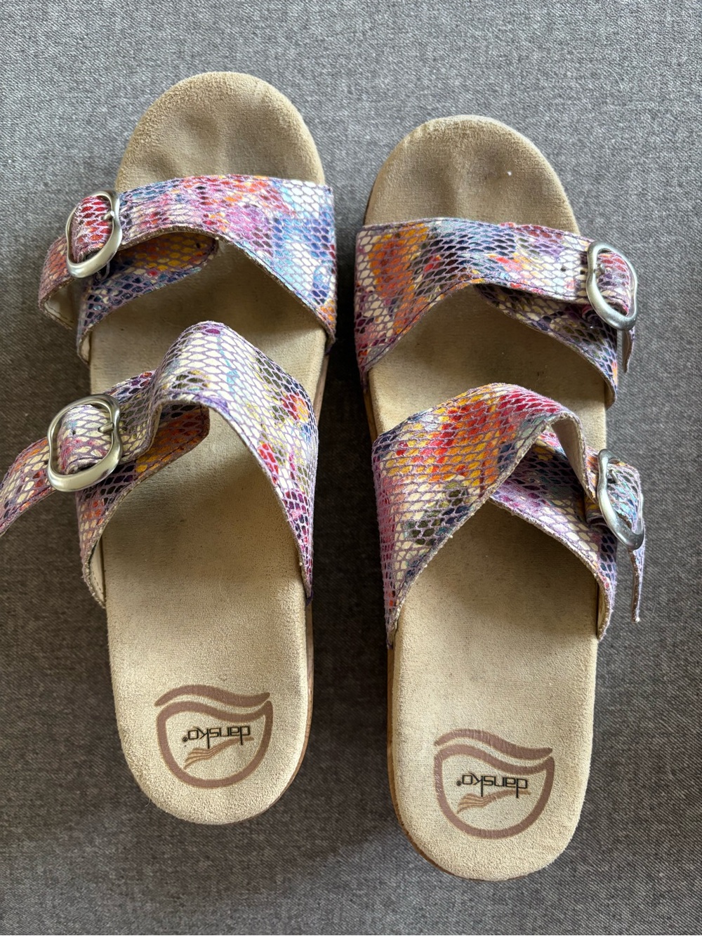 Dansko Multicolor Snake-Print Slide Sandals with Buckles